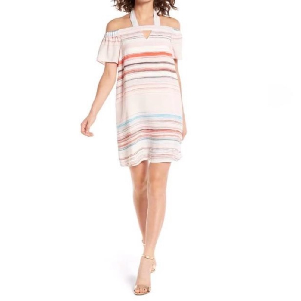 1.State Off the Shoulder Halter Striped Dress